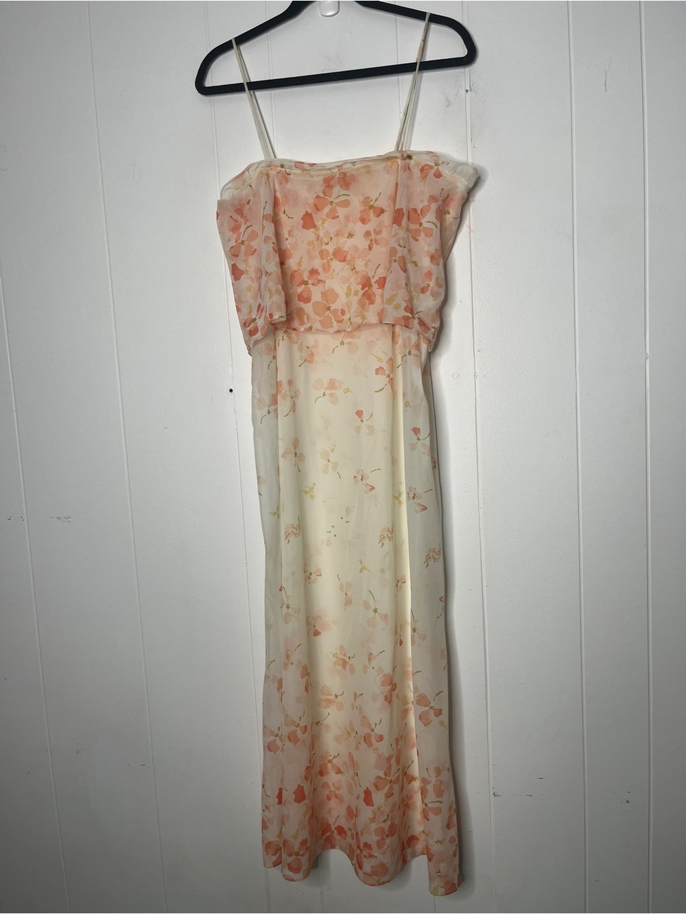Vintage Papillon Sheer Floral Slip Dress Cream Peach Maxi Length Ruffle Neck